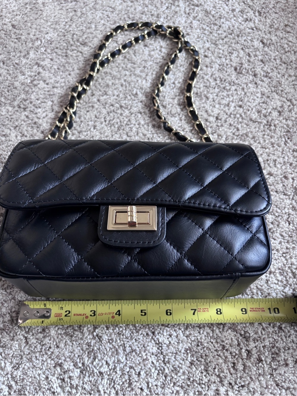 Designer-Inspired Quilted Black Italian Leather Flap -Gold Chain Shoulder Bag - Picture 10 of 13